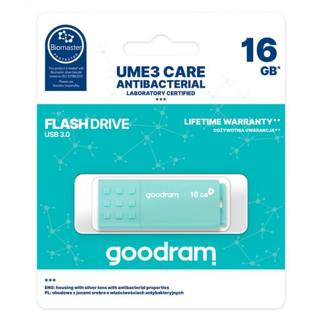 Goodram - USB 3.0 UME3 CARE unidad flash USB 16 GB USB tipo A 3.2 Gen 1 (3.1 Gen 1) Turquesa