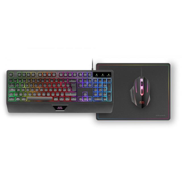 Mars Gaming - MCP124, Combo Gaming 3en1, Teclado Ergonómico H-Mech LED RGB, Ratón RGB 3200DPI Switches HUANO, Alfombrilla Nanote