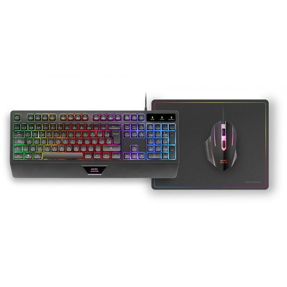 Mars Gaming - MCP124, Combo Gaming 3en1, Teclado Ergonómico H-Mech LED RGB, Ratón RGB 3200DPI Switches HUANO, Alfombrilla Nanote