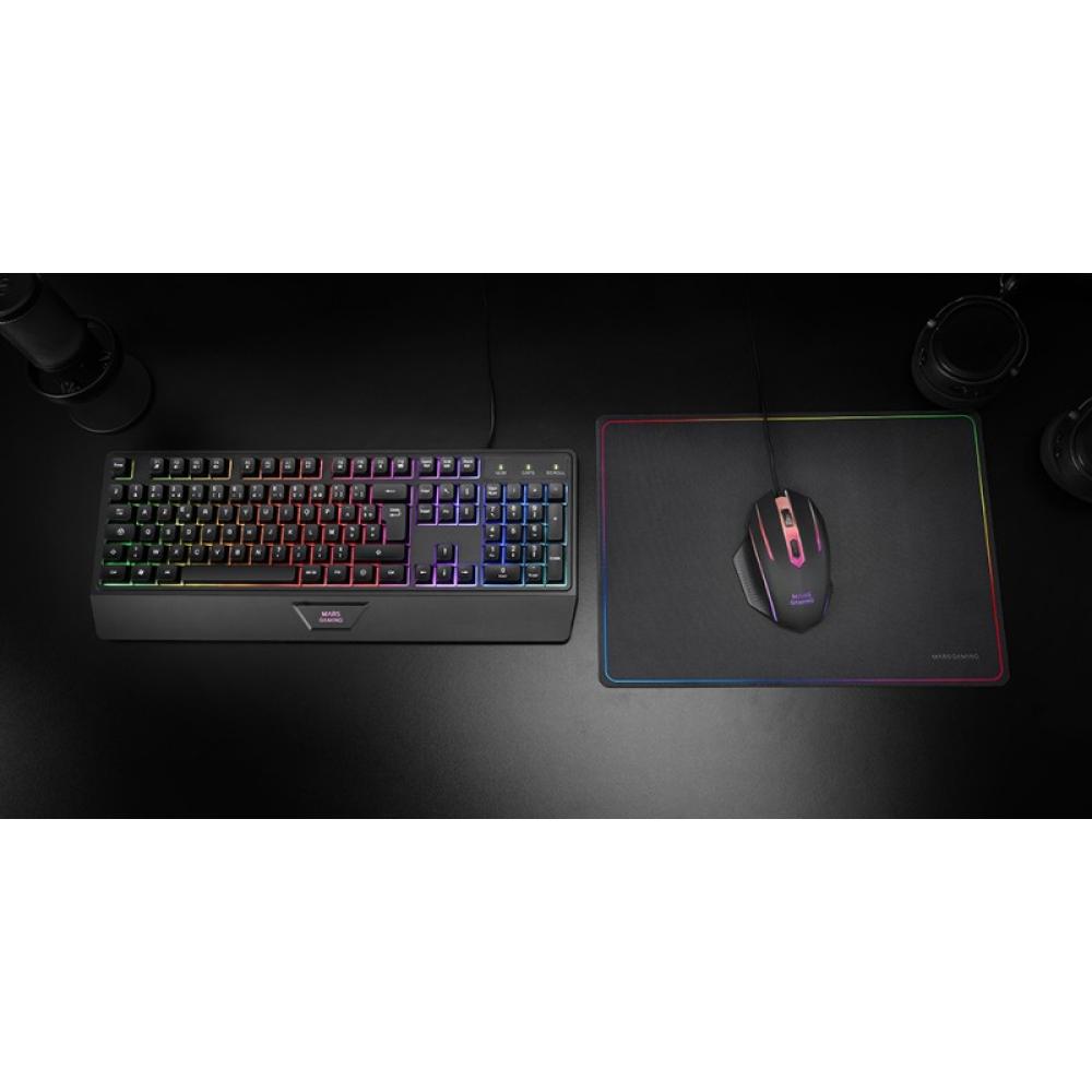 Mars Gaming - MCP124, Combo Gaming 3en1, Teclado Ergonómico H-Mech LED RGB, Ratón RGB 3200DPI Switches HUANO, Alfombrilla Nanote