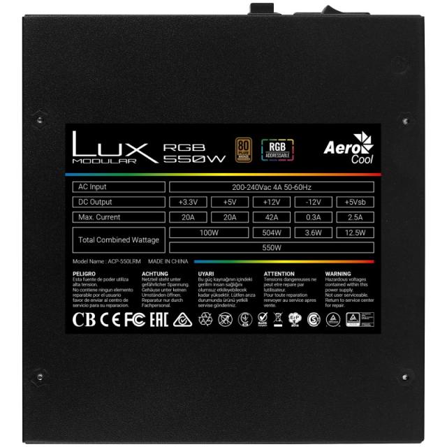 Aerocool - LUXRGB550M Fuente Alimentación PC Modular RGB 550W 80Plus Bronze 230V Negro