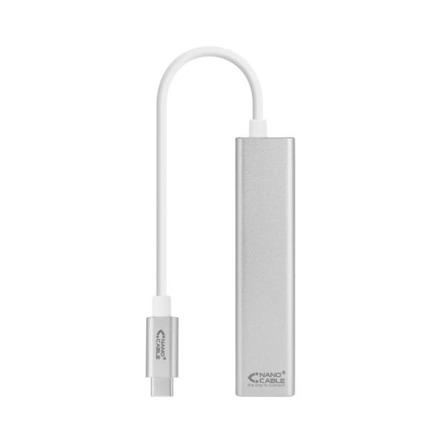 Nanocable - Conversor USB-C a Ethernet Gigabit + 3xUSB 3.0, Plata, 15 cm