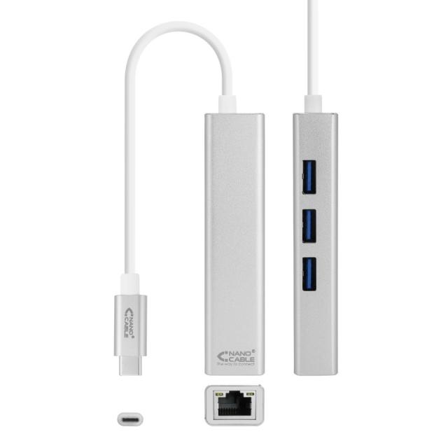 Nanocable - Conversor USB-C a Ethernet Gigabit + 3xUSB 3.0, Plata, 15 cm