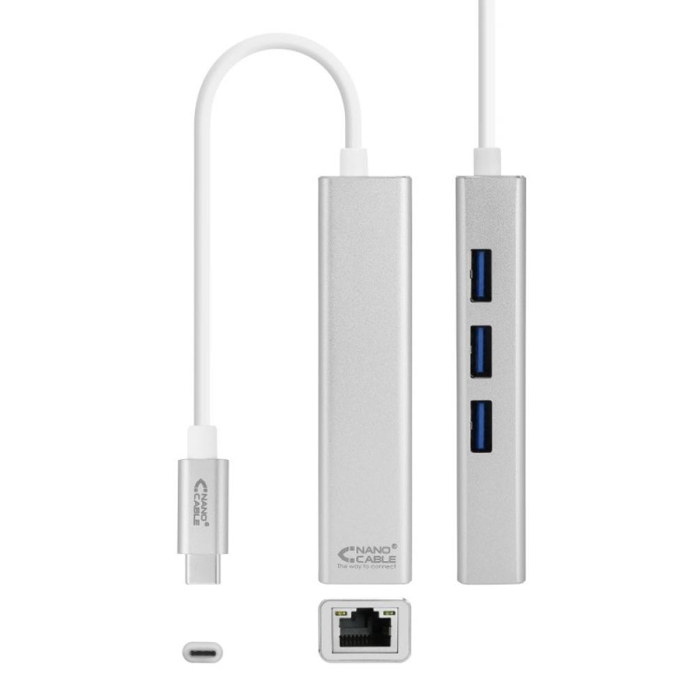 Nanocable - Conversor USB-C a Ethernet Gigabit + 3xUSB 3.0, Plata, 15 cm