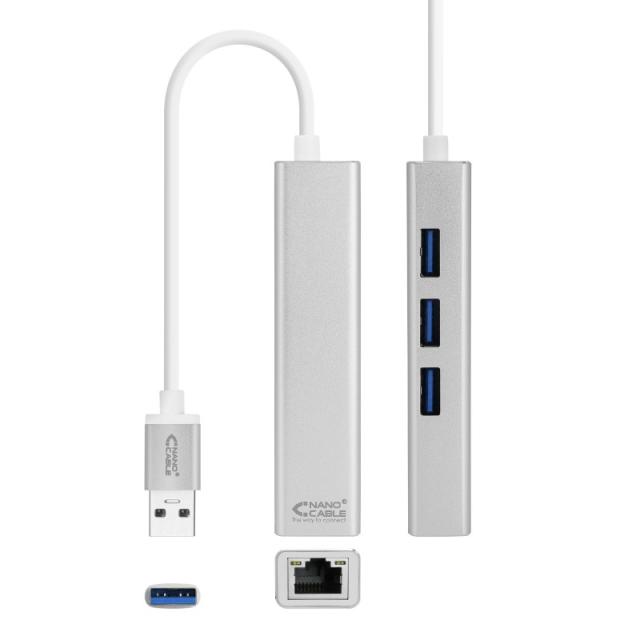 Nanocable - Conversor USB 3.0 a Ethernet Gigabit + 3xUSB 3.0, Plata, 15 cm