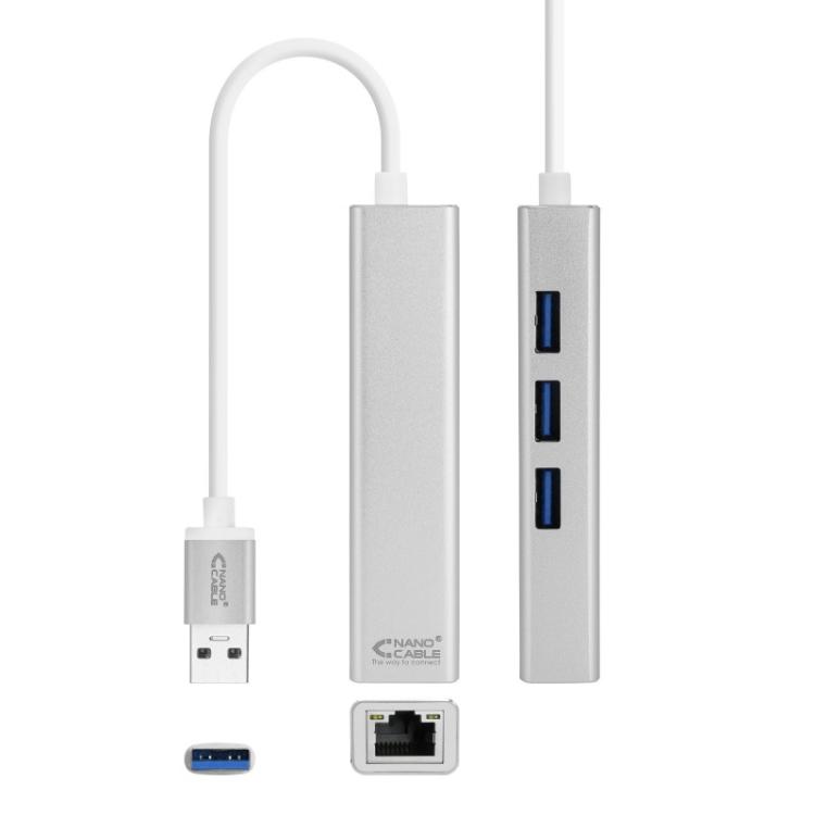 Nanocable - Conversor USB 3.0 a Ethernet Gigabit + 3xUSB 3.0, Plata, 15 cm