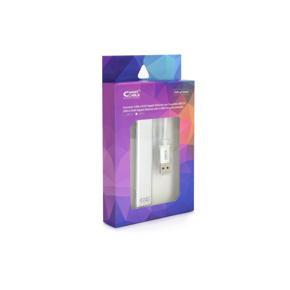 Nanocable - Conversor USB 3.0 a Ethernet Gigabit + 3xUSB 3.0, Plata, 15 cm