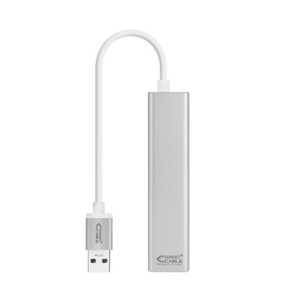 Nanocable - Conversor USB 3.0 a Ethernet Gigabit + 3xUSB 3.0, Plata, 15 cm