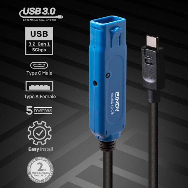 Lindy - 43380 cable USB USB 3.2 Gen 1 (3.1 Gen 1) 5 m USB C USB A Negro