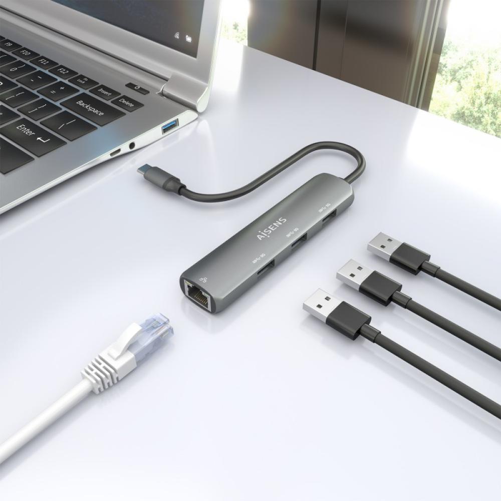 AISENS - Dock USB-C A Ethernet Gigabit + Hub 3xUSB-A, Gris, 15cm
