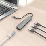 AISENS - Dock USB-C A Ethernet Gigabit + Hub 3xUSB-A, Gris, 15cm