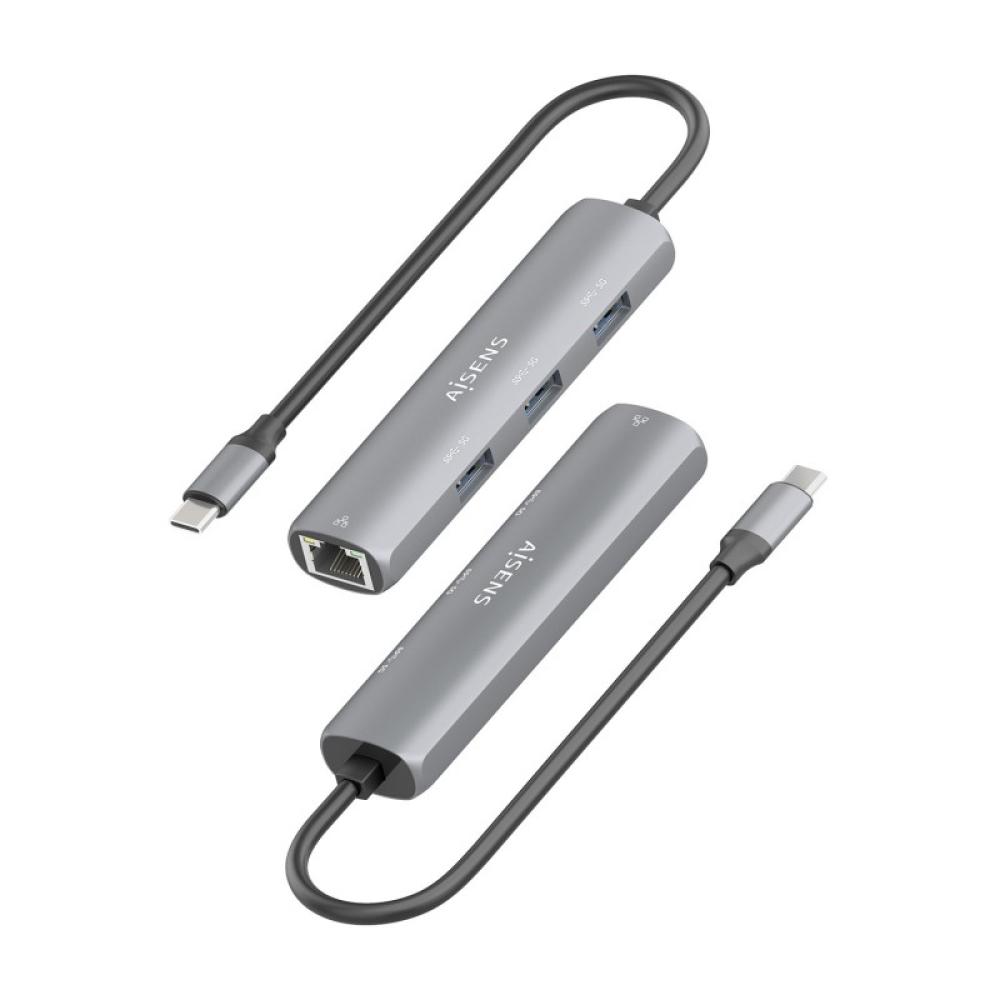 AISENS - Dock USB-C A Ethernet Gigabit + Hub 3xUSB-A, Gris, 15cm