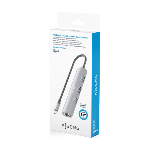 AISENS - Dock USB-C A Ethernet Gigabit + Hub 3xUSB-A, Gris, 15cm