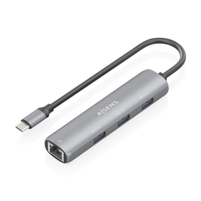 AISENS - Dock USB-C A Ethernet Gigabit + Hub 3xUSB-A, Gris, 15cm