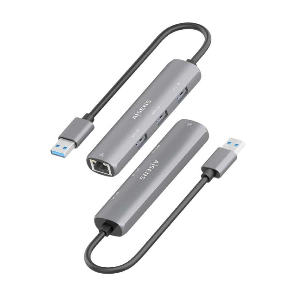 AISENS - USB3.0 Dock USB-A A Ethernet Gigabit + Hub 3xUSB-A, Gris, 15cm