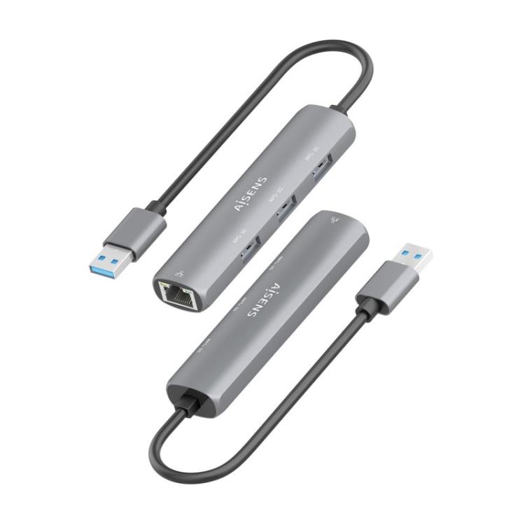 AISENS - USB3.0 Dock USB-A A Ethernet Gigabit + Hub 3xUSB-A, Gris, 15cm