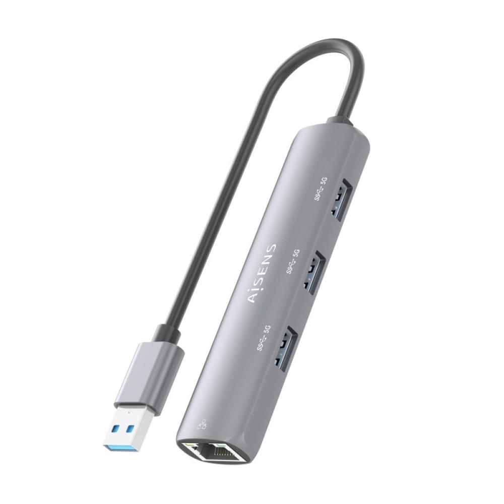 AISENS - USB3.0 Dock USB-A A Ethernet Gigabit + Hub 3xUSB-A, Gris, 15cm