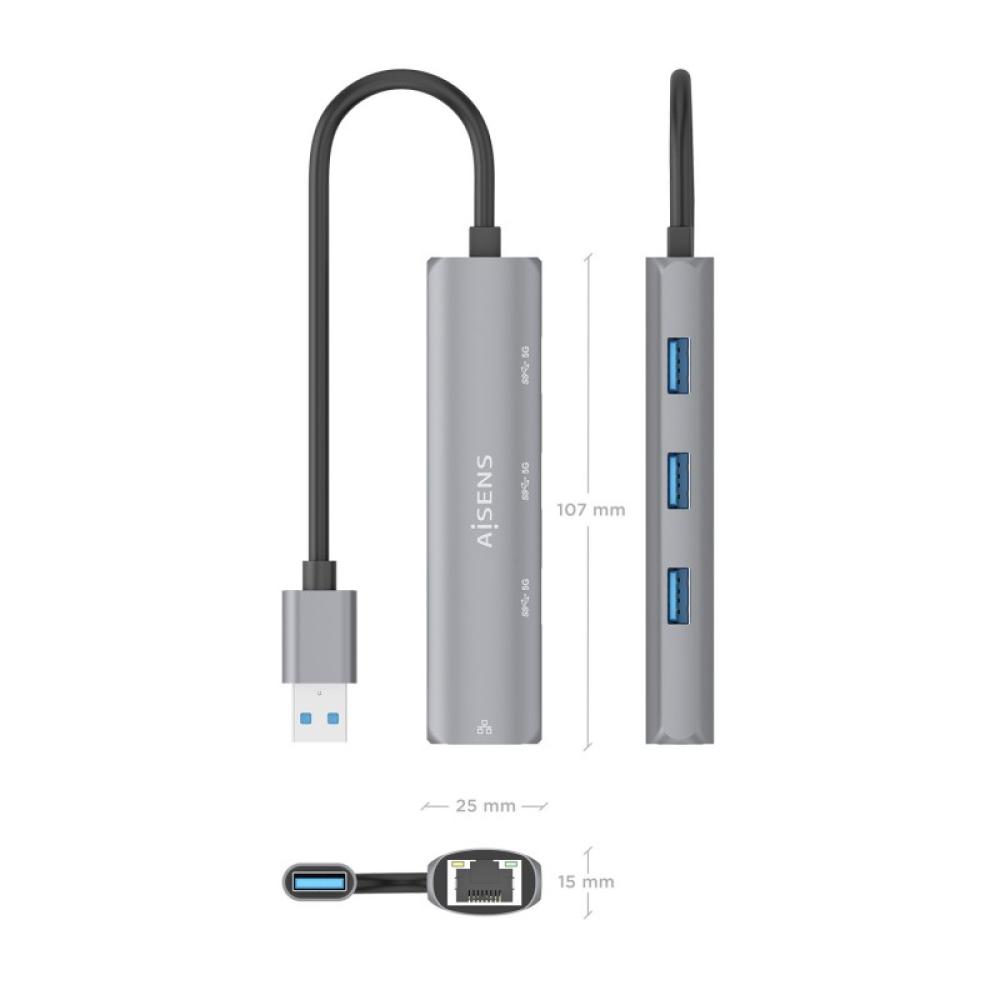 AISENS - USB3.0 Dock USB-A A Ethernet Gigabit + Hub 3xUSB-A, Gris, 15cm