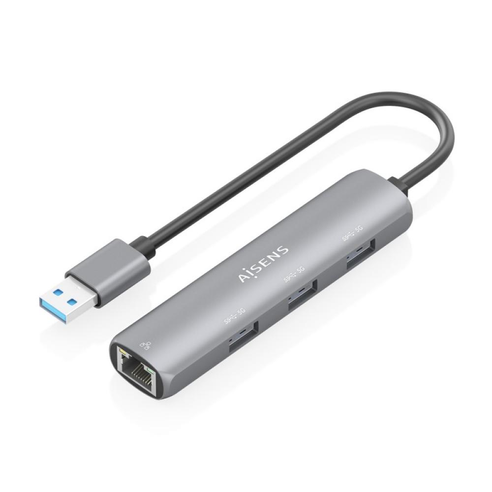 AISENS - USB3.0 Dock USB-A A Ethernet Gigabit + Hub 3xUSB-A, Gris, 15cm