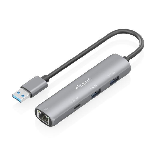 AISENS - USB3.0 Dock USB-A A Ethernet Gigabit + Hub 1xUSB-C+2xUSB-A, Gris, 15cm