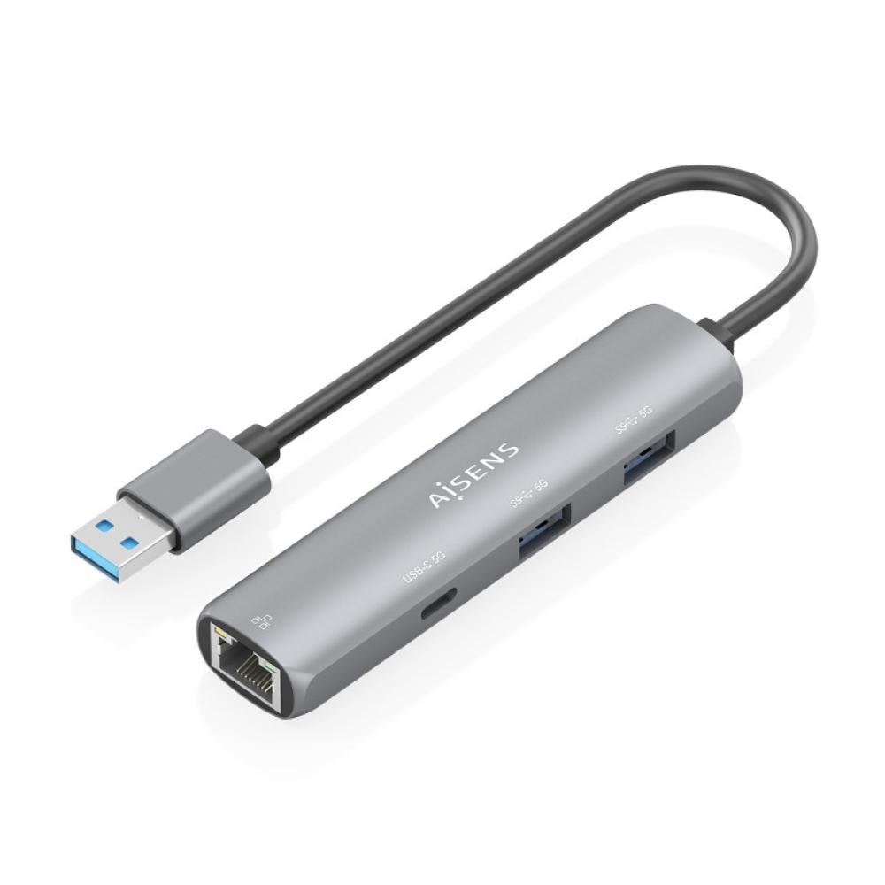 AISENS - USB3.0 Dock USB-A A Ethernet Gigabit + Hub 1xUSB-C+2xUSB-A, Gris, 15cm