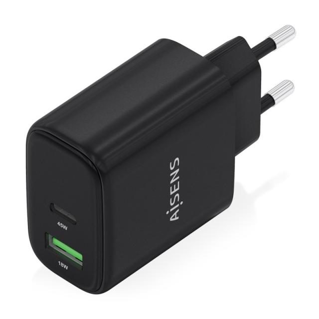 AISENS - Cargador GaN 45W, 1xUSB-C PD3.0 QC4.0, 1xUSB-A QC3.0, Negro