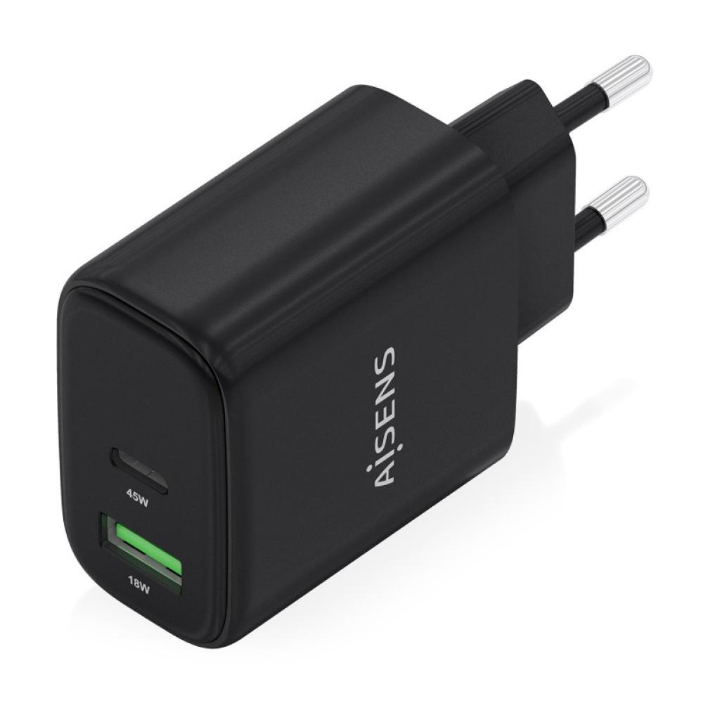 AISENS - Cargador GaN 45W, 1xUSB-C PD3.0 QC4.0, 1xUSB-A QC3.0, Negro