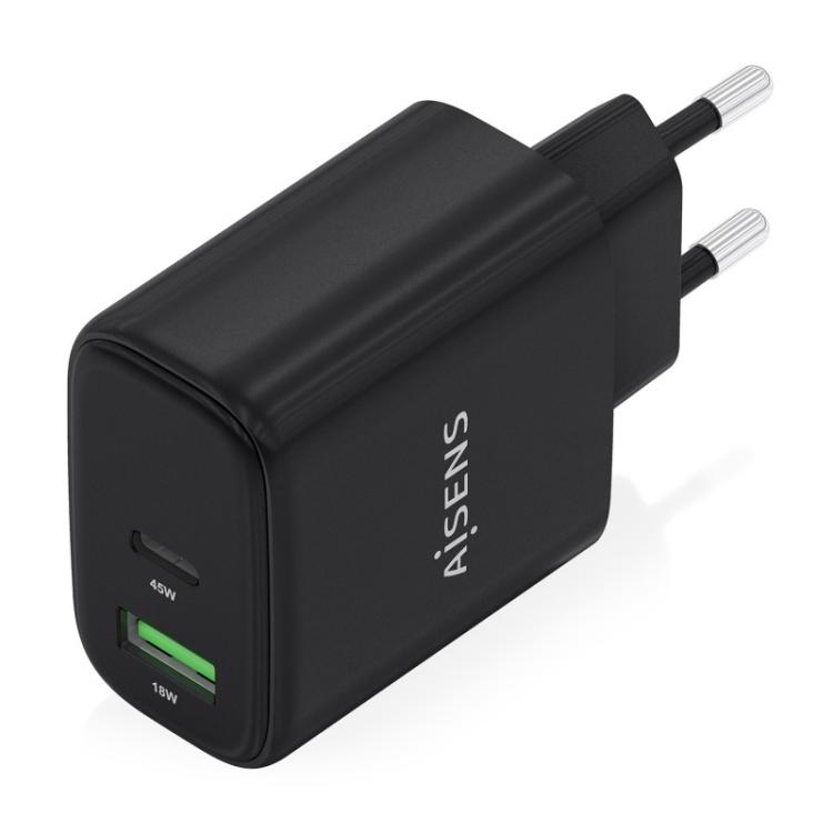AISENS - Cargador GaN 45W, 1xUSB-C PD3.0 QC4.0, 1xUSB-A QC3.0, Negro