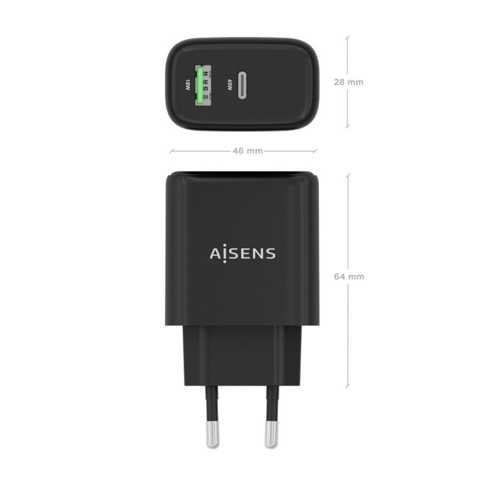 AISENS - Cargador GaN 45W, 1xUSB-C PD3.0 QC4.0, 1xUSB-A QC3.0, Negro