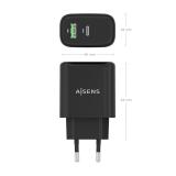 AISENS - Cargador GaN 45W, 1xUSB-C PD3.0 QC4.0, 1xUSB-A QC3.0, Negro