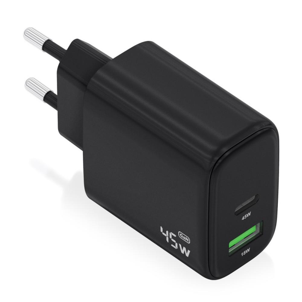 AISENS - Cargador GaN 45W, 1xUSB-C PD3.0 QC4.0, 1xUSB-A QC3.0, Negro