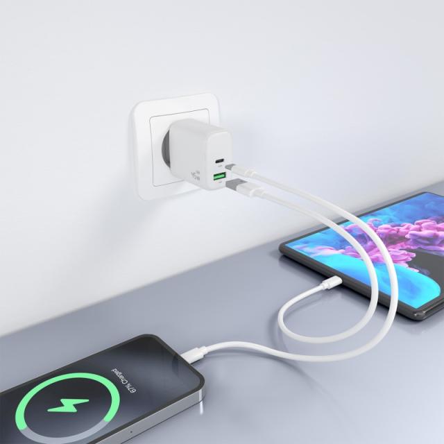 AISENS - Cargador GaN 45W, 1xUSB-C PD3.0 QC4.0, 1xUSB-A QC3.0, Blanco
