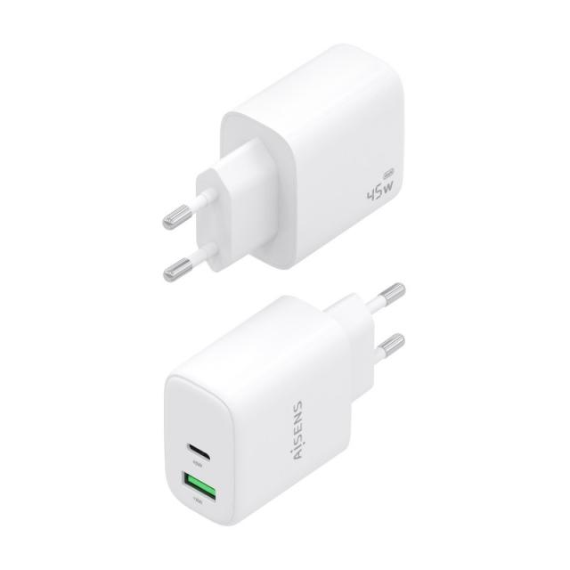 AISENS - Cargador GaN 45W, 1xUSB-C PD3.0 QC4.0, 1xUSB-A QC3.0, Blanco