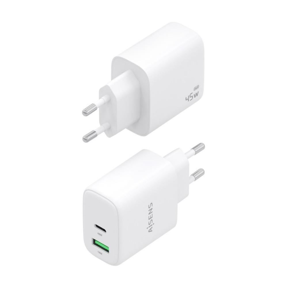 AISENS - Cargador GaN 45W, 1xUSB-C PD3.0 QC4.0, 1xUSB-A QC3.0, Blanco