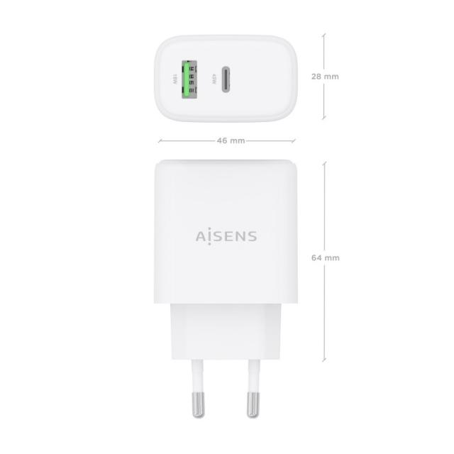 AISENS - Cargador GaN 45W, 1xUSB-C PD3.0 QC4.0, 1xUSB-A QC3.0, Blanco
