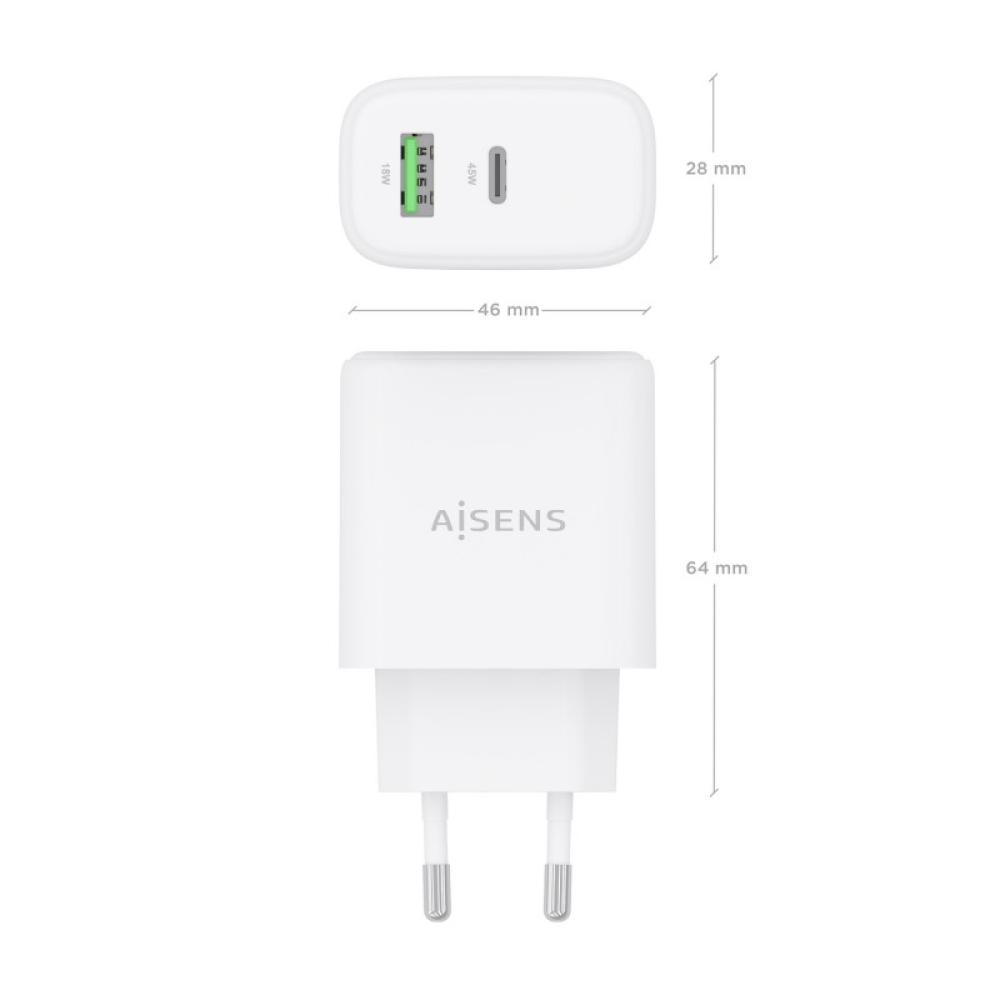 AISENS - Cargador GaN 45W, 1xUSB-C PD3.0 QC4.0, 1xUSB-A QC3.0, Blanco