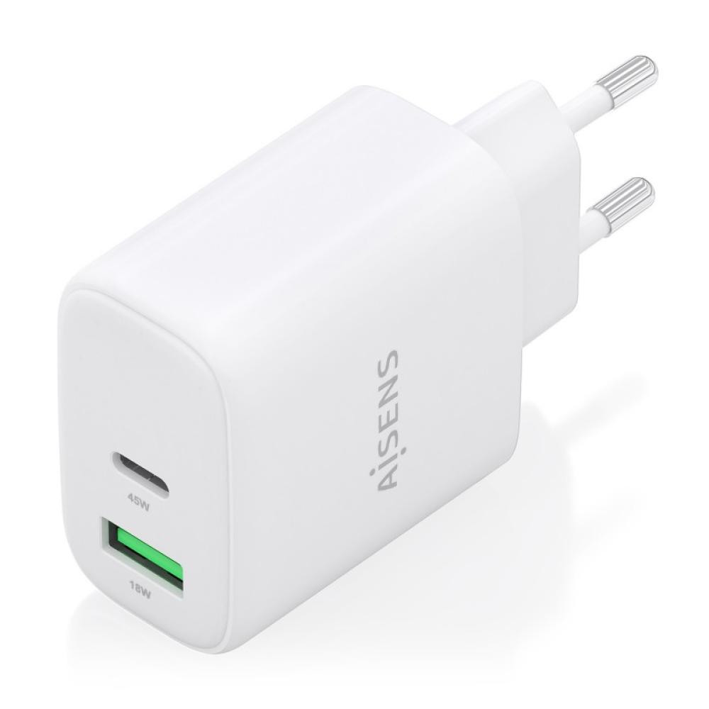 AISENS - Cargador GaN 45W, 1xUSB-C PD3.0 QC4.0, 1xUSB-A QC3.0, Blanco