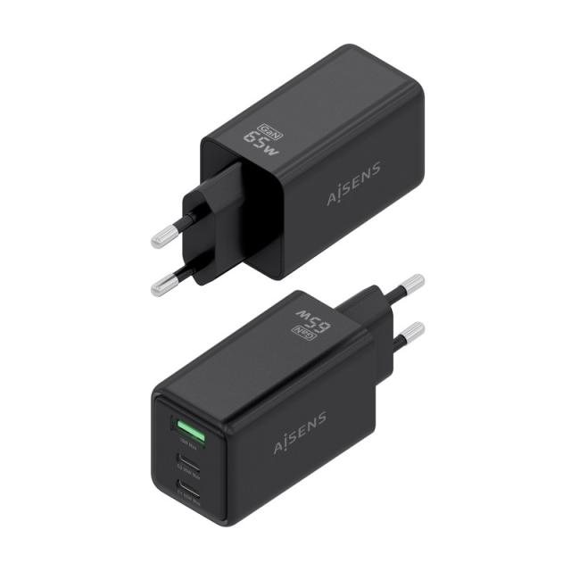 AISENS - Cargador GaN 65W, 2xUSB-C PD3.0 QC4.0, 1xUSB-A QC3.0, Negro - ASCH-65W3P073-BK