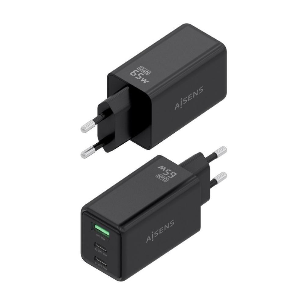 AISENS - Cargador GaN 65W, 2xUSB-C PD3.0 QC4.0, 1xUSB-A QC3.0, Negro - ASCH-65W3P073-BK
