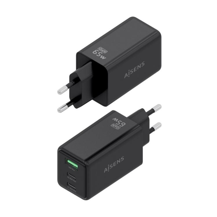 AISENS - Cargador GaN 65W, 2xUSB-C PD3.0 QC4.0, 1xUSB-A QC3.0, Negro - ASCH-65W3P073-BK
