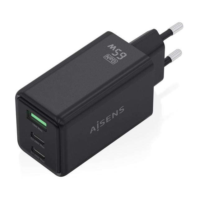 AISENS - Cargador GaN 65W, 2xUSB-C PD3.0 QC4.0, 1xUSB-A QC3.0, Negro - ASCH-65W3P073-BK
