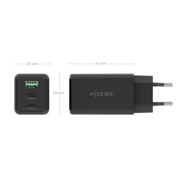 AISENS - Cargador GaN 65W, 2xUSB-C PD3.0 QC4.0, 1xUSB-A QC3.0, Negro - ASCH-65W3P073-BK