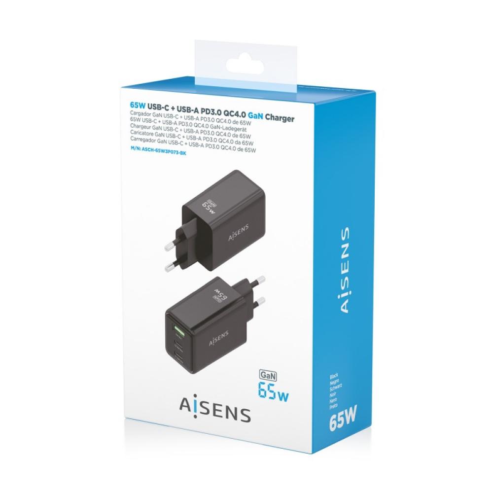 AISENS - Cargador GaN 65W, 2xUSB-C PD3.0 QC4.0, 1xUSB-A QC3.0, Negro - ASCH-65W3P073-BK