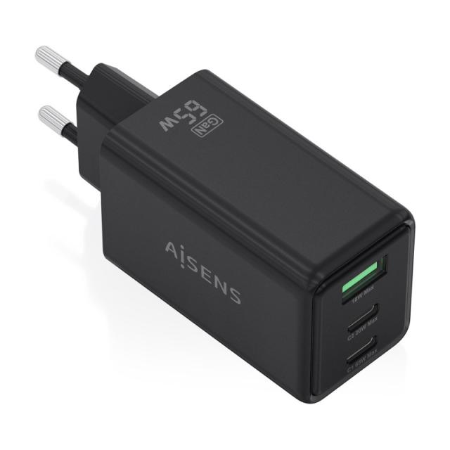 AISENS - Cargador GaN 65W, 2xUSB-C PD3.0 QC4.0, 1xUSB-A QC3.0, Negro - ASCH-65W3P073-BK