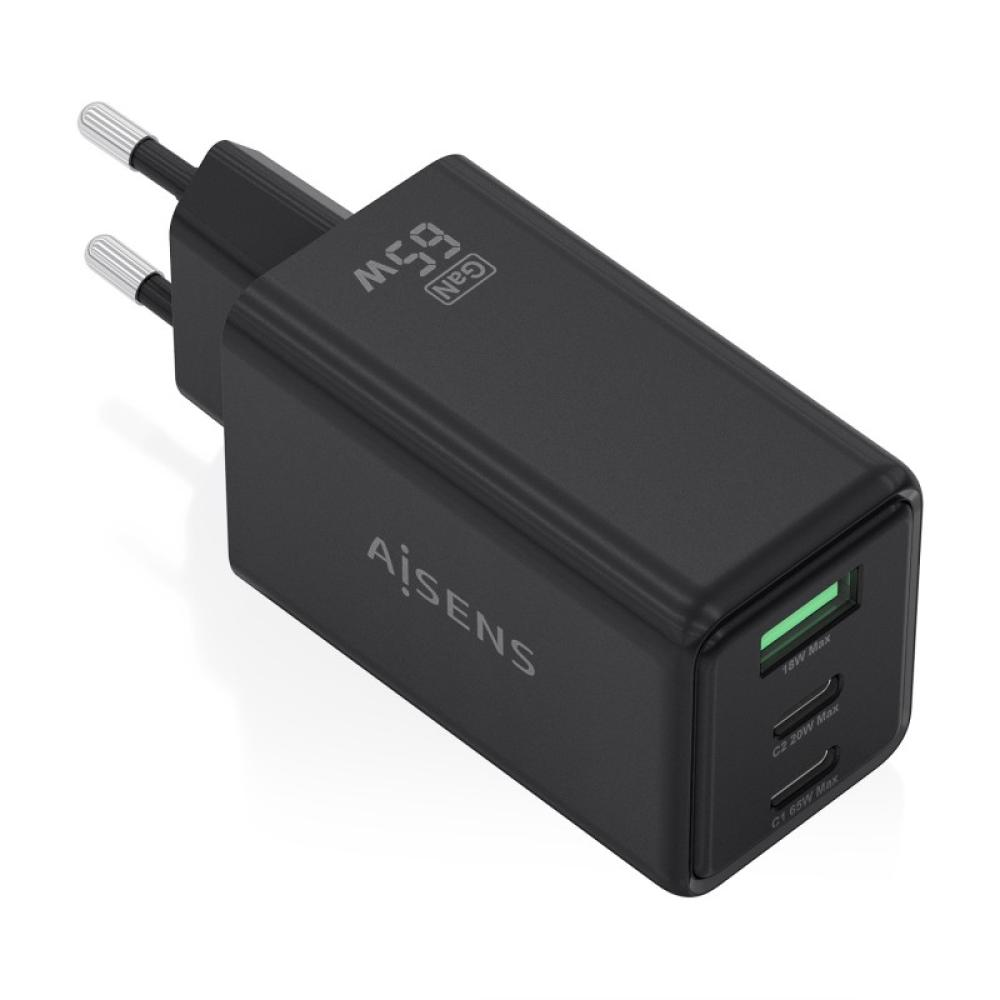 AISENS - Cargador GaN 65W, 2xUSB-C PD3.0 QC4.0, 1xUSB-A QC3.0, Negro - ASCH-65W3P073-BK