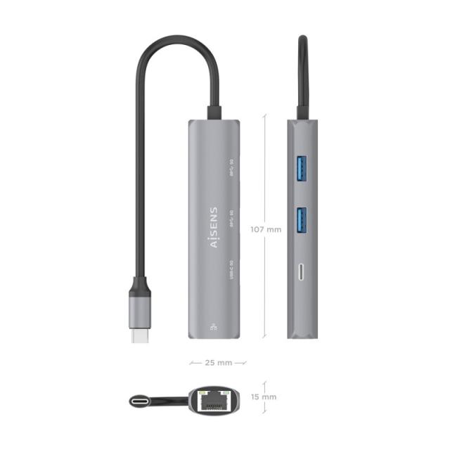 AISENS - Dock USB-C A Ethernet Gigabit + Hub 1xUSB-C+2xUSB-A, Gris, 15cm