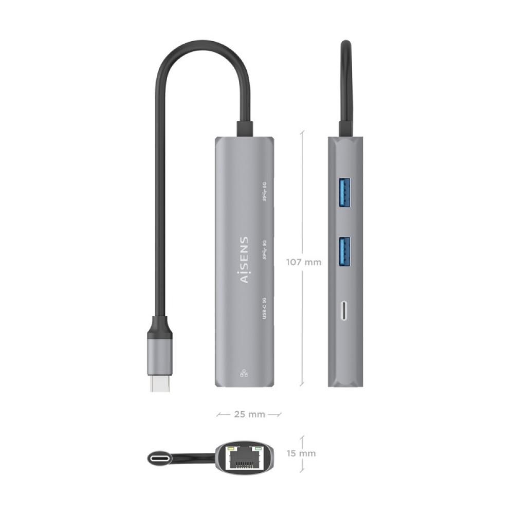 AISENS - Dock USB-C A Ethernet Gigabit + Hub 1xUSB-C+2xUSB-A, Gris, 15cm