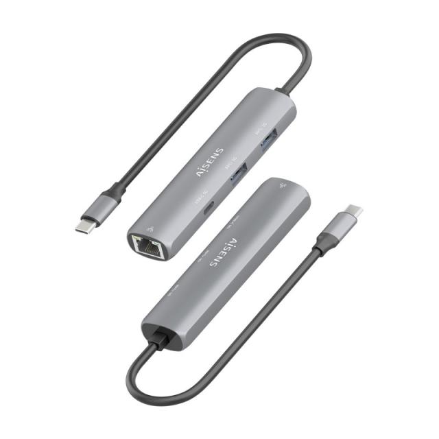 AISENS - Dock USB-C A Ethernet Gigabit + Hub 1xUSB-C+2xUSB-A, Gris, 15cm