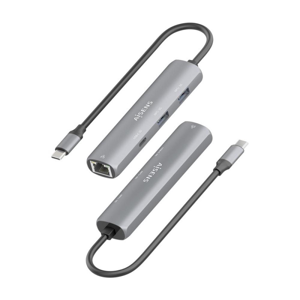 AISENS - Dock USB-C A Ethernet Gigabit + Hub 1xUSB-C+2xUSB-A, Gris, 15cm