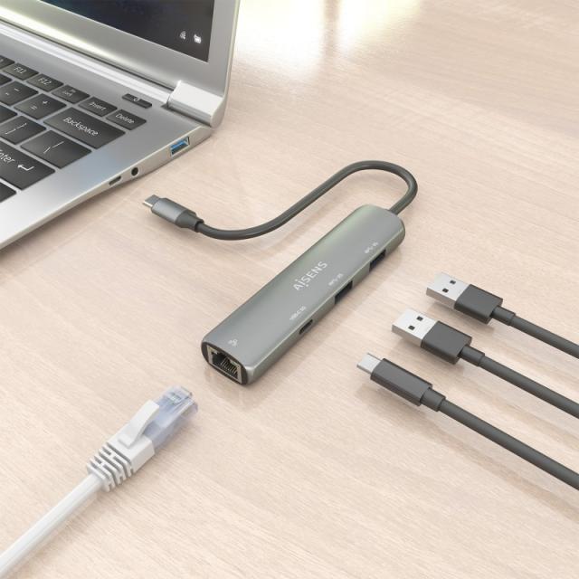 AISENS - Dock USB-C A Ethernet Gigabit + Hub 1xUSB-C+2xUSB-A, Gris, 15cm